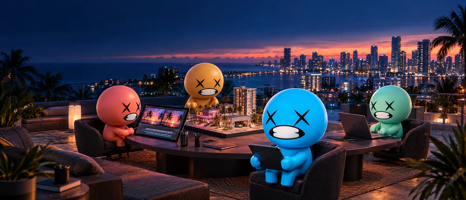 Blue, coral, amber and mint RUCKUS characters edit footage, develop software and design a miniature city together on a rooftop.